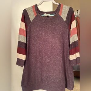 NWOT Warm grey sweater with colorful stripe details, long, perfect for leggings